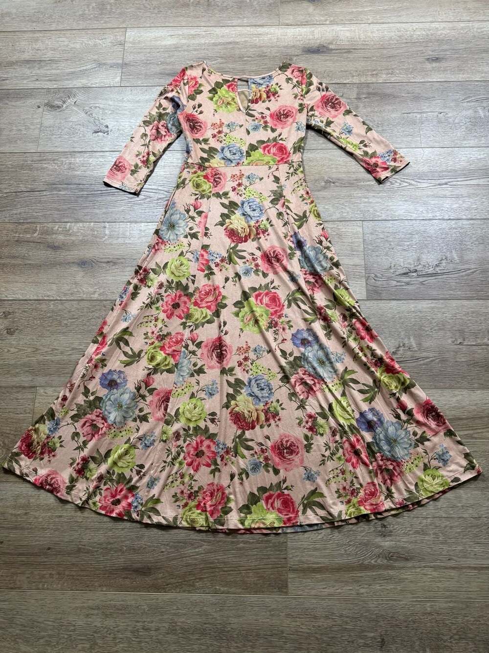 Peach Ice Floral Midi Dress Size S Pink Cottagecore Boho 3/4 Sleeve Maxi - Picture 3 of 14